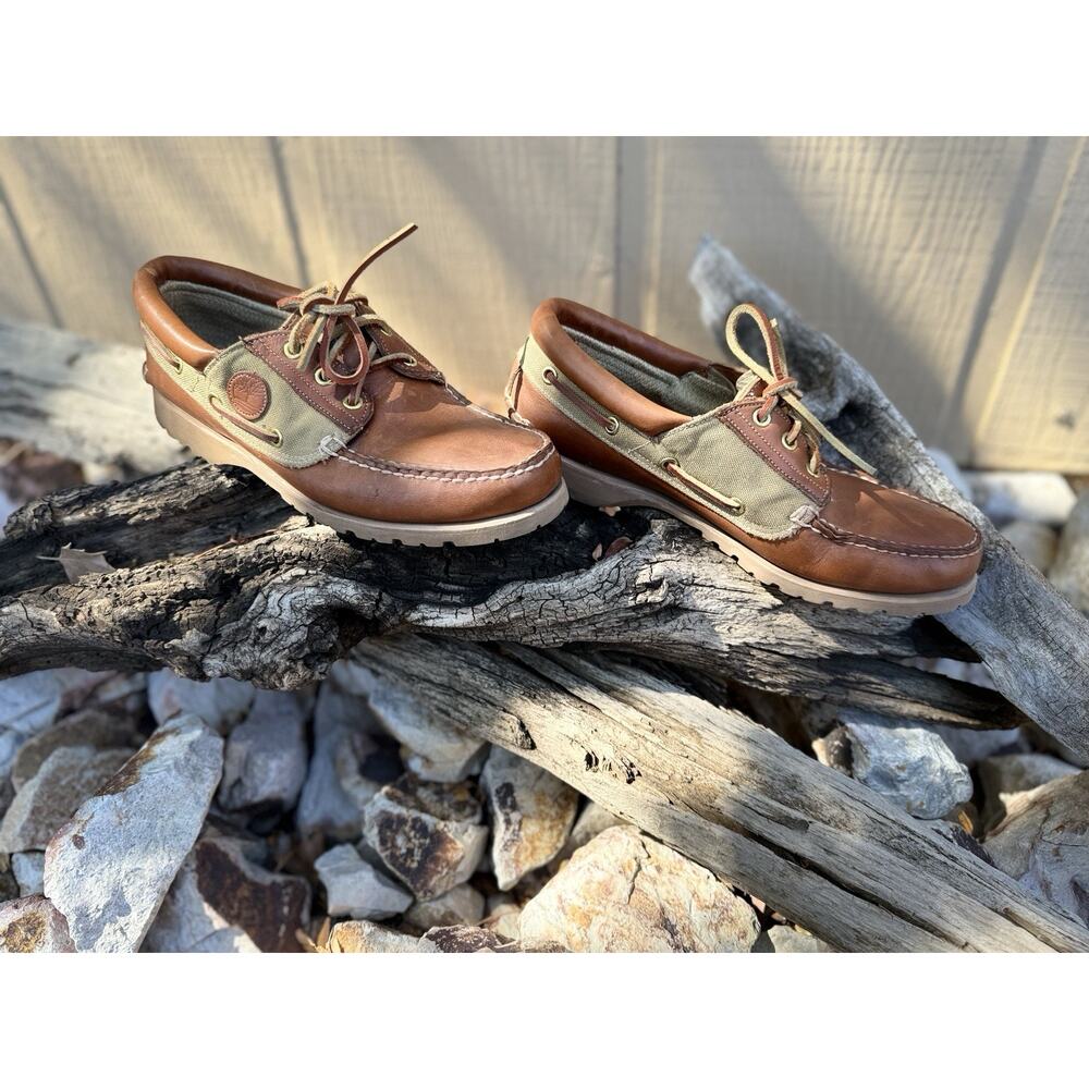 Timberland Boat Shoes Mens 8 M Brown Leather/Tan Canvas Loafer EUC - Picture 3 of 6